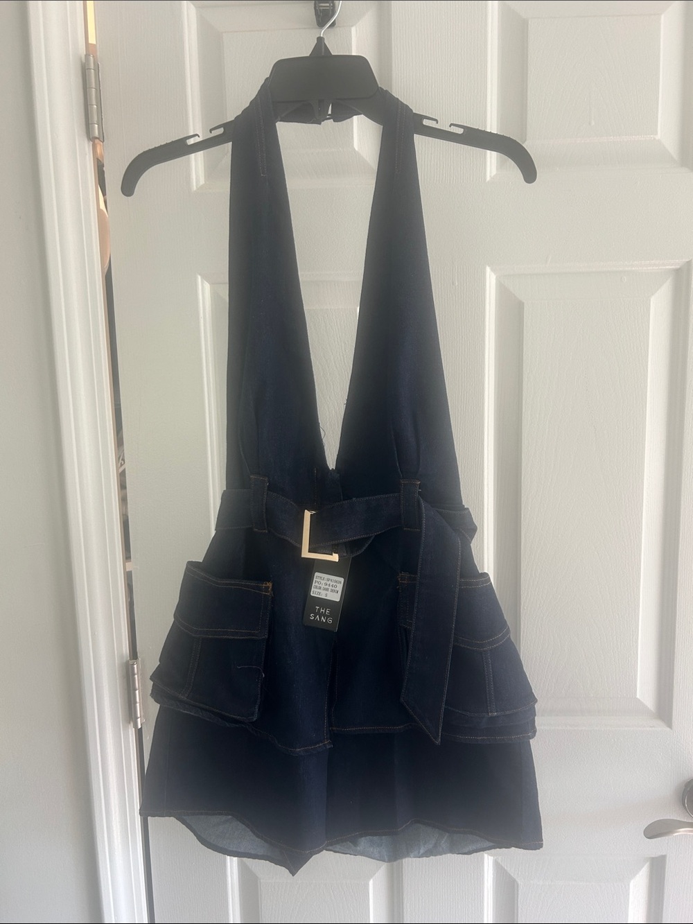 The Sang Dark Denim Halter Denim-Style Utility Romper with Belt. Brand new.